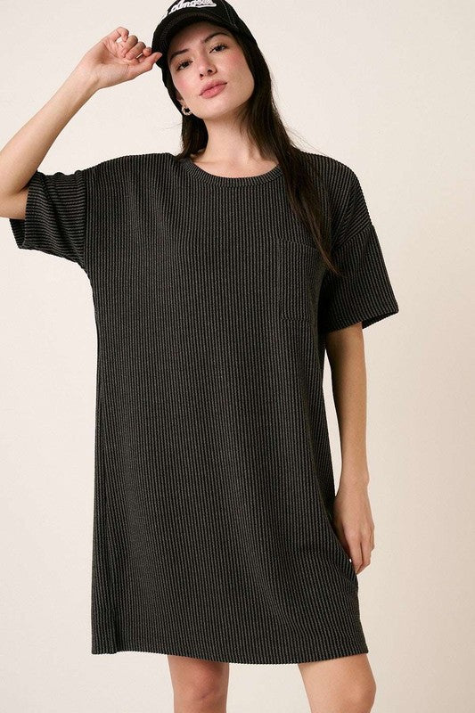 Charcoal grey rib knit short sleeve tee dress with a slim, comfortable fit.