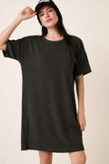 Charcoal grey rib knit short sleeve tee dress with a slim, comfortable fit.
