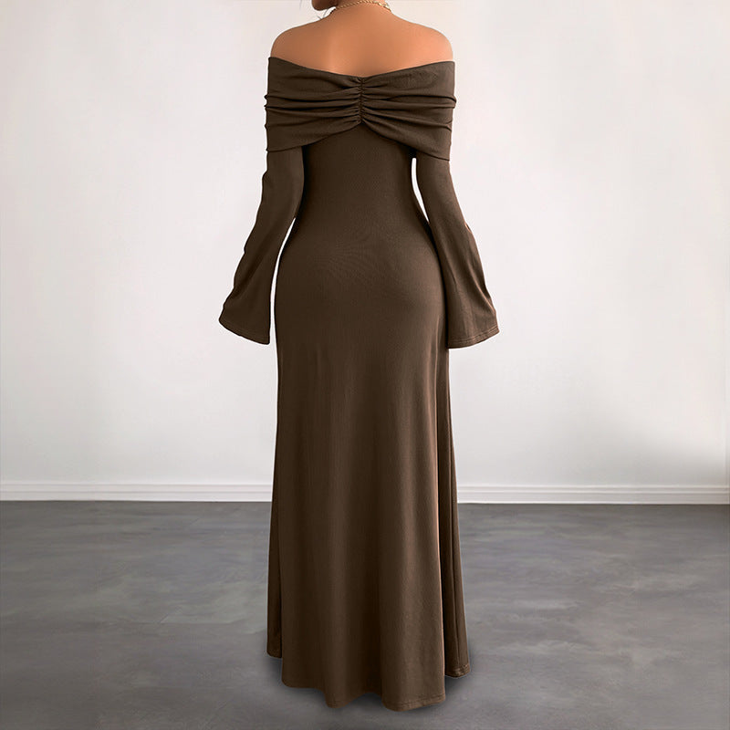 Coffee Brown Off-Shoulder Long Sleeve Knit Maxi Dress
