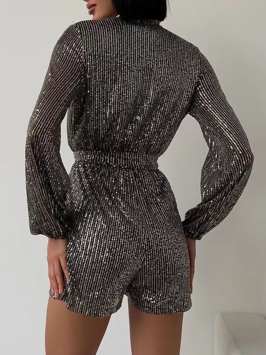 Sequin Surplice Tie Waist Long Sleeve Mini Romper