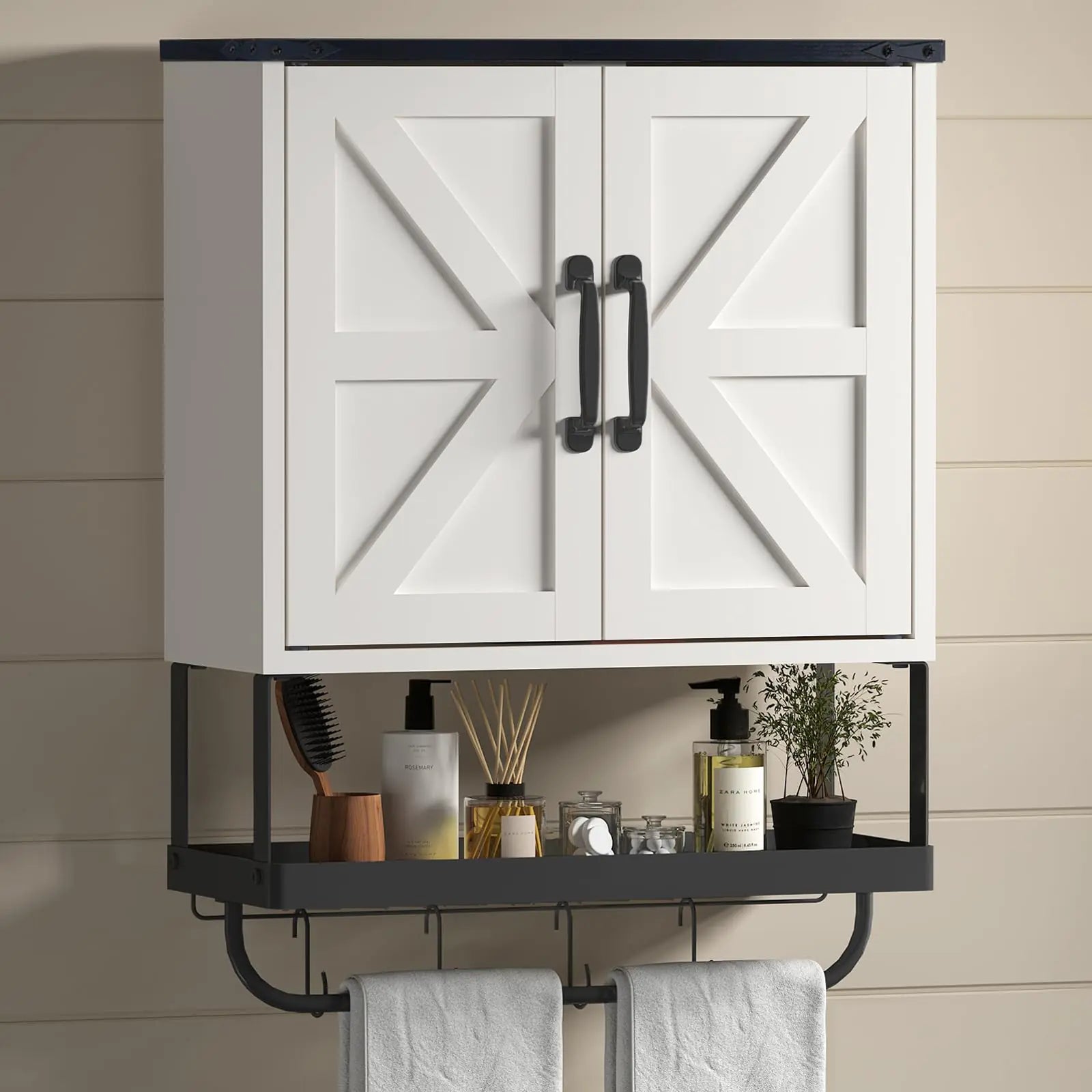 Timboniture Bathroom Cabinet Wall Mounted with 2 Barn Door Wood Medicine Cabinet Organizer with Adjustable Shelf and Towel Bar Storage Cabinet for Bathroom Laundry Living Room (White)