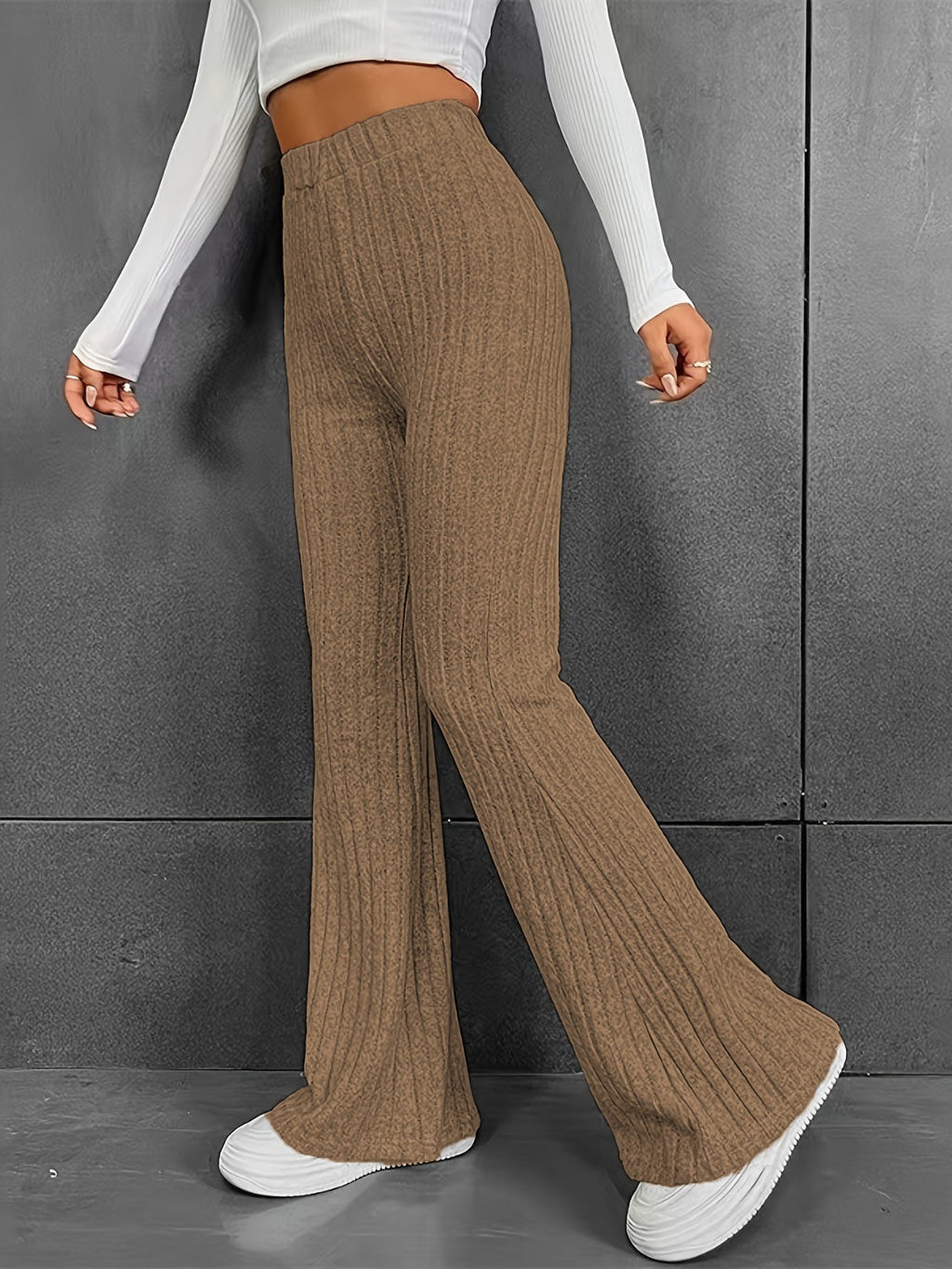 Ribbed High Waist Bootcut Pants | Polyester