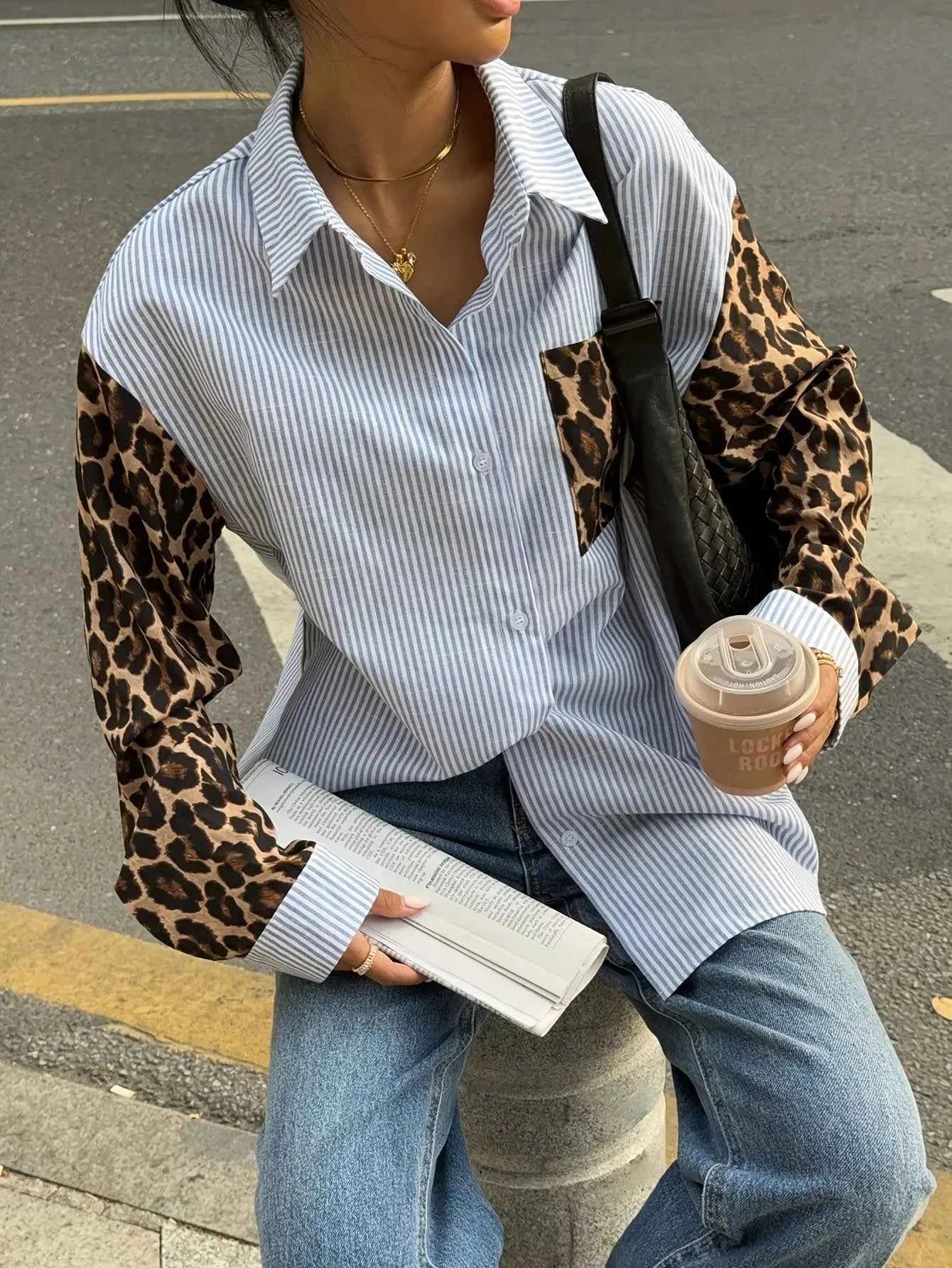 Striped & Leopard Print Button Up Shirt