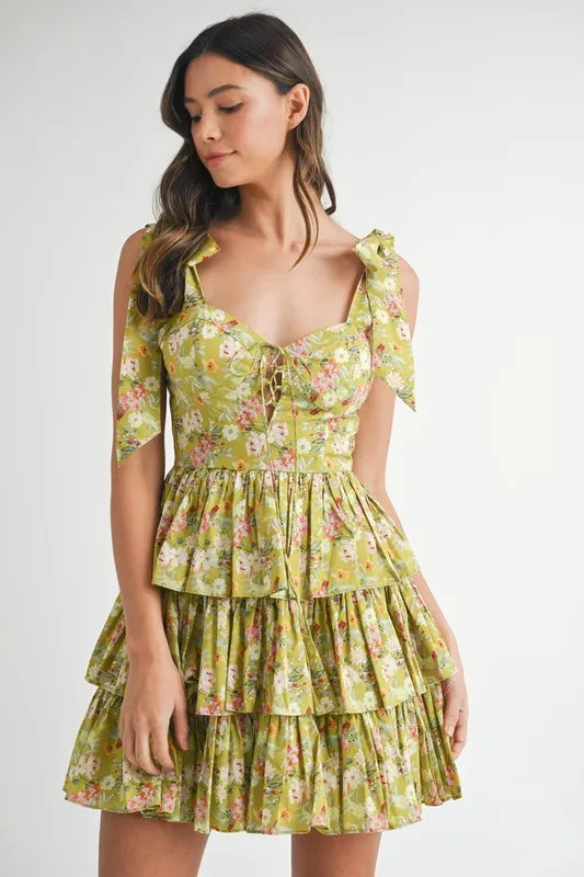 Floral Print Layered Mini Dress with Adjustable Shoulder Ties