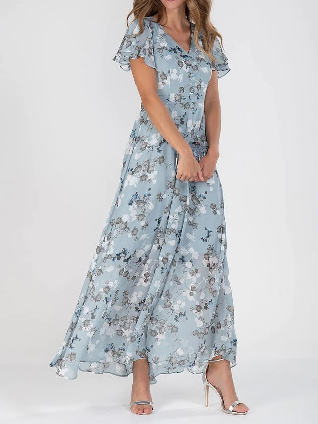 Floral Print V-Neck Chiffon Ruffle Beach Dress Mint Peach