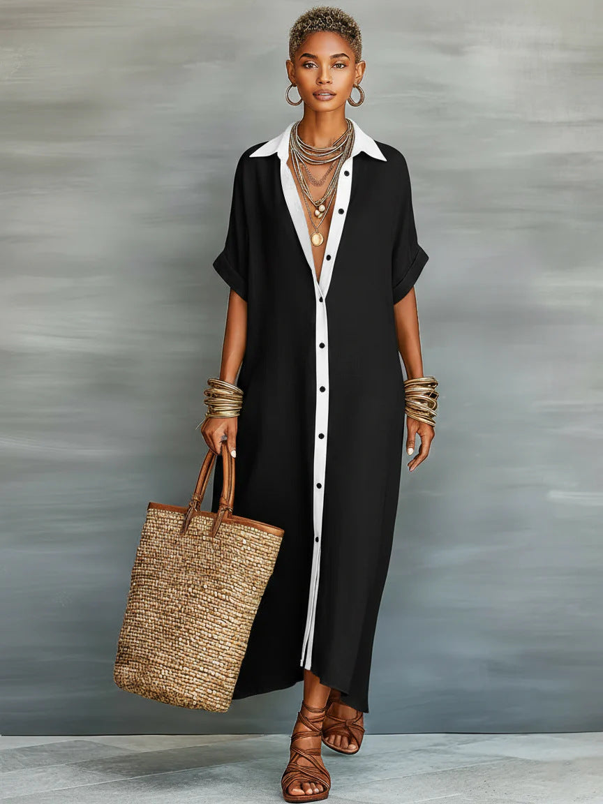 Color-Block Shirt Maxi Dress: Loose Button-Front Long Dress