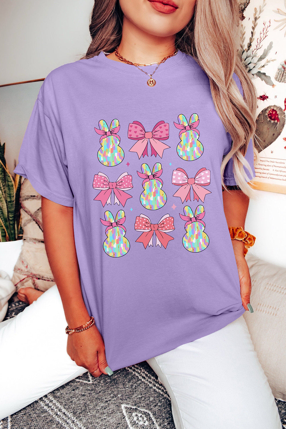 Wisteria Dotty Bowknot Bunny Graphic Easter T-Shirt