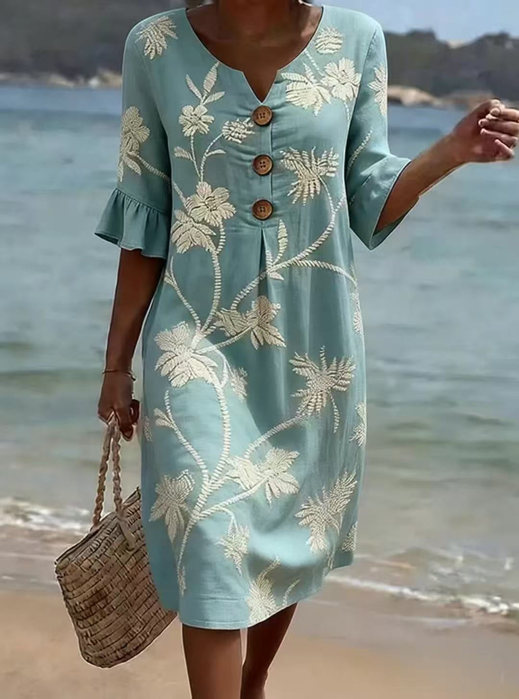 Women's Light Blue Palm Tree Print V-Neck Midi Dress with Ruffles - Image 4