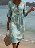Women's Light Blue Palm Tree Print V-Neck Midi Dress with Ruffles - Image 4