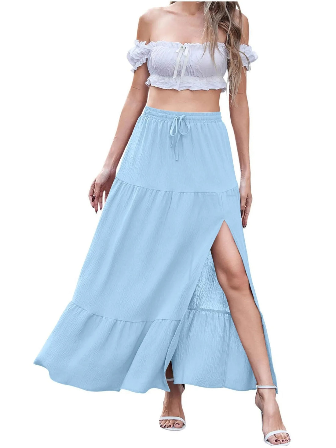 White Tiered Ruffled Maxi Skirt with Side Slit - Image 7
