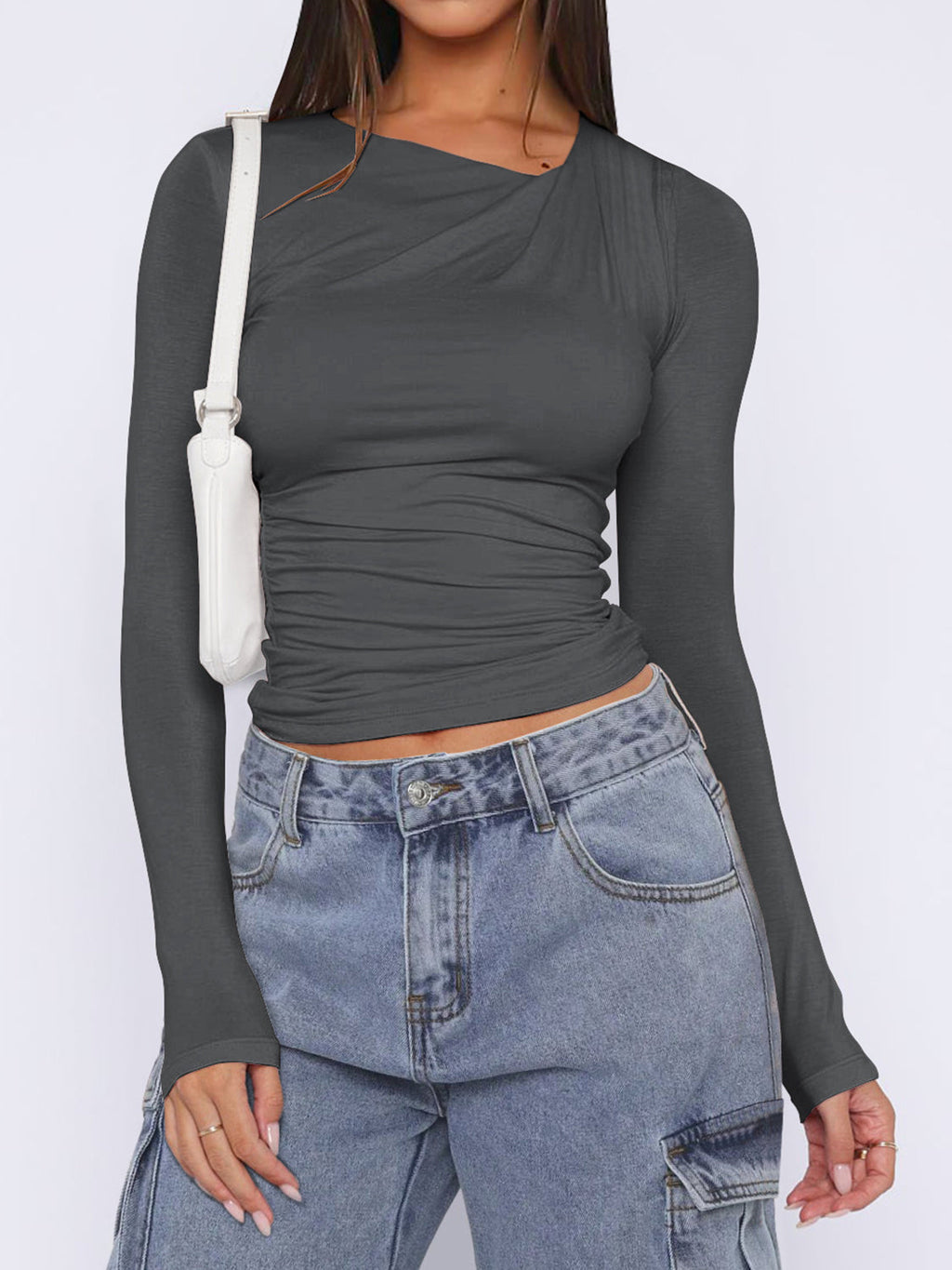 Ruched Asymmetrical Neck Long Sleeve T-Shirt in Slim Fit - Image 15