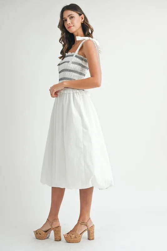 Smocked Bodice Bubble Midi Dress For Women – Stylish Smocked Bodice, Playful Bubble Skirt, Trendy Midi Dress, Chic Casual Look for Summer Outings