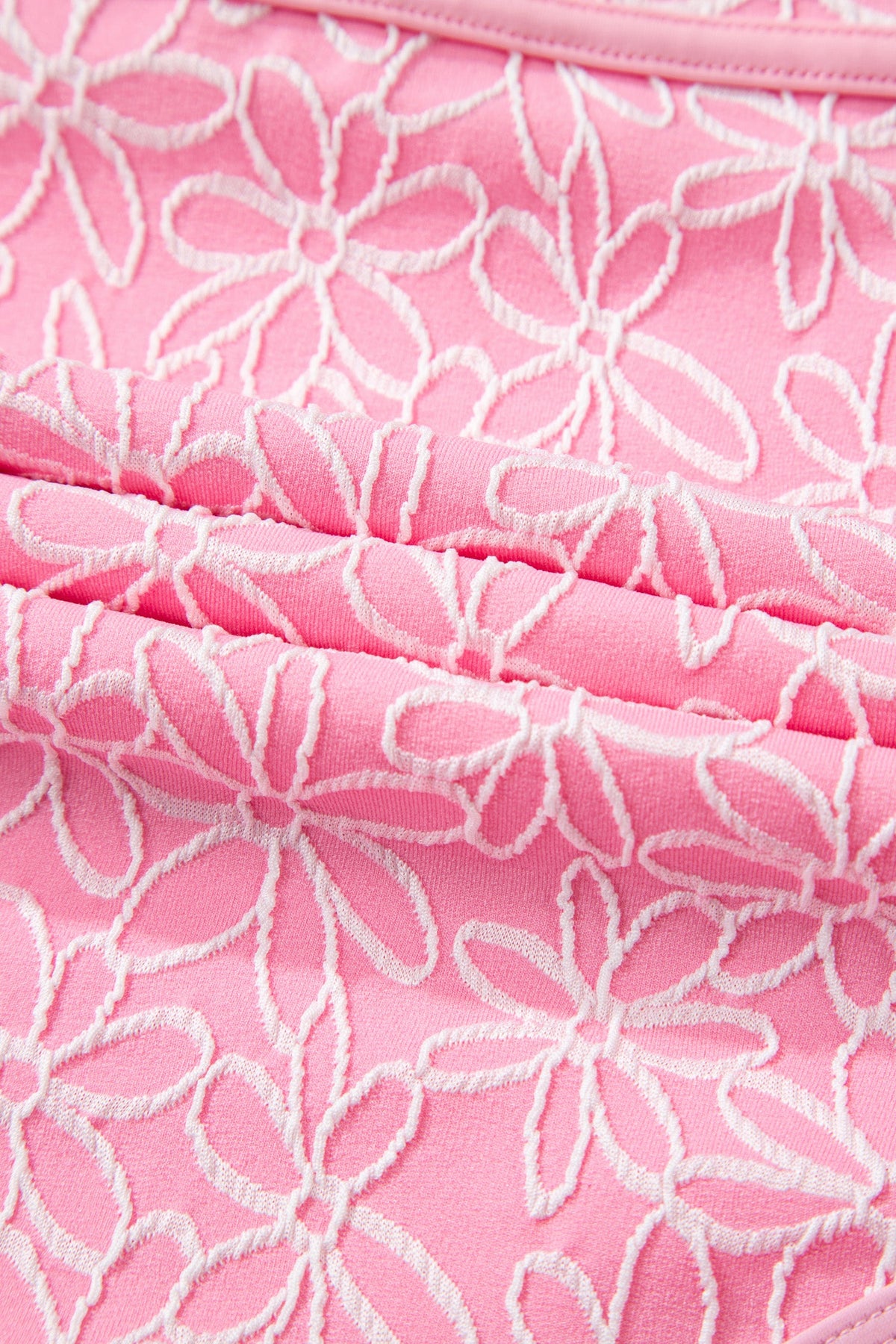 Pink Corded Flower Texture Spaghetti Straps Halterneck One Piece Swimsuit