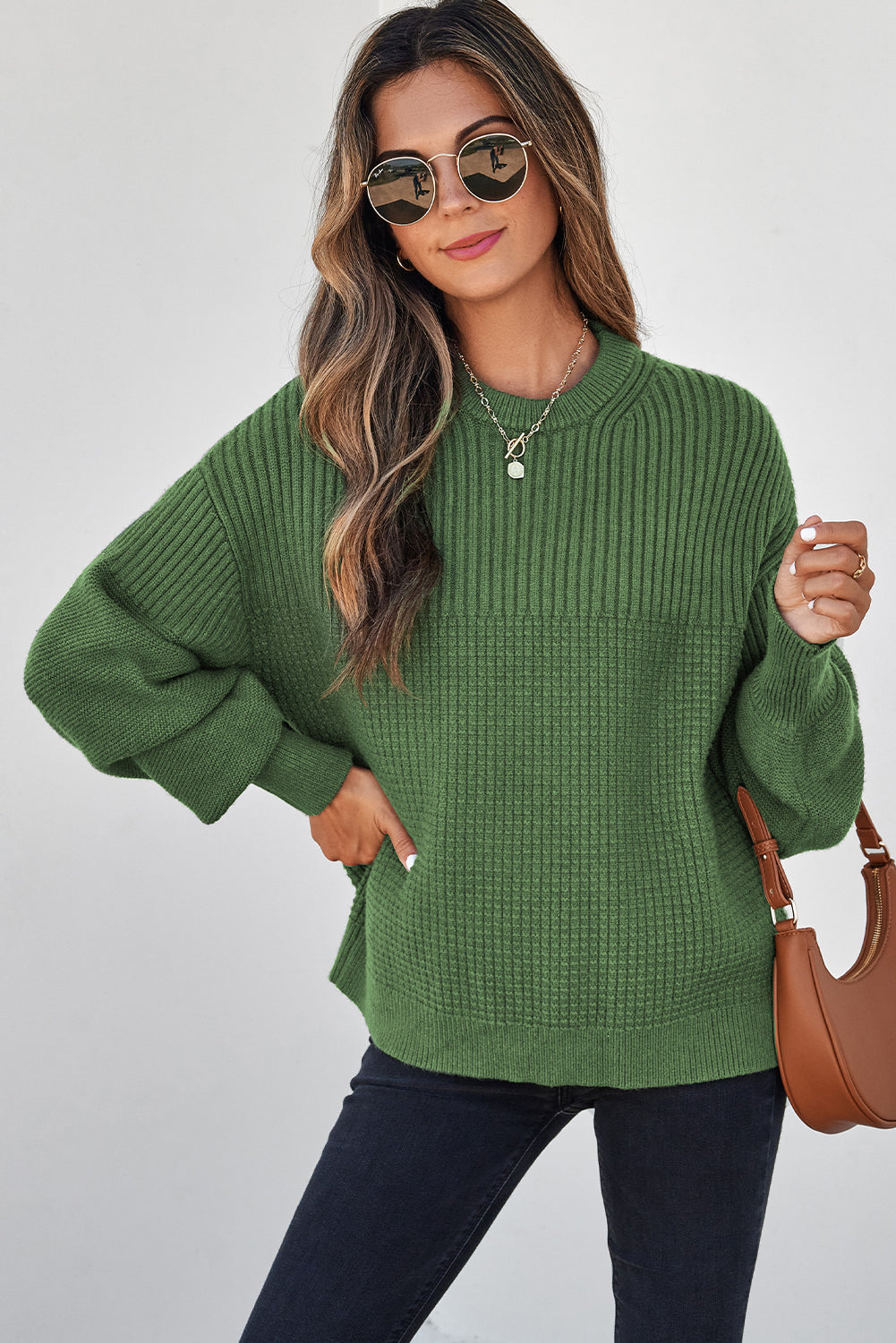 Vineyard Green Mixed Texture Knitted Crew Neck Sweater