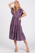 Dusty-purple midi dress with ruffle sleeves, V-neck, and tiered skirt.