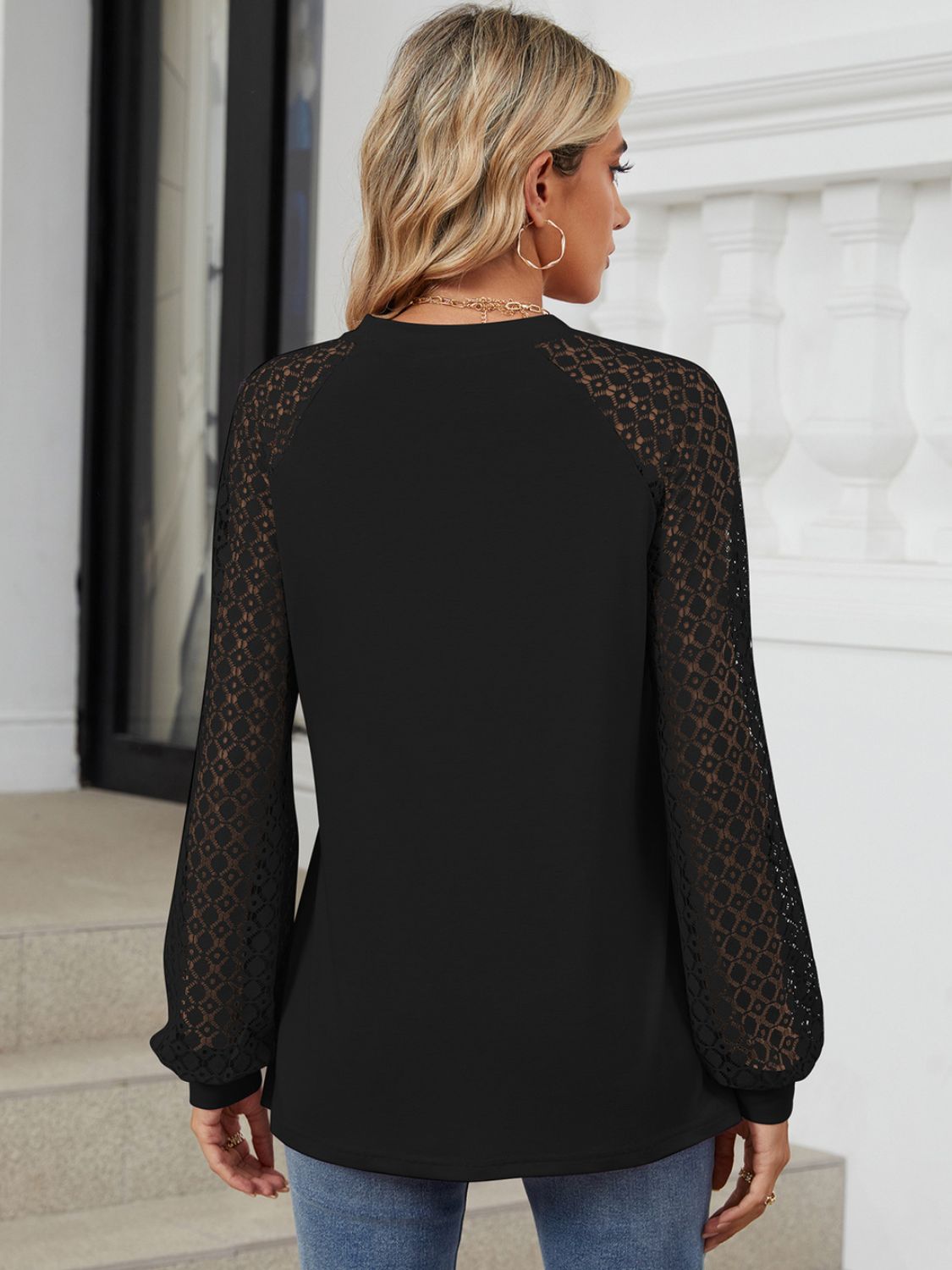 Women's White Round Neck Long Sleeve Lace Detail Casual Top - Image 15