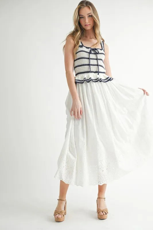 Crochet stripe and eyelet mix midi dress in white and navy blue