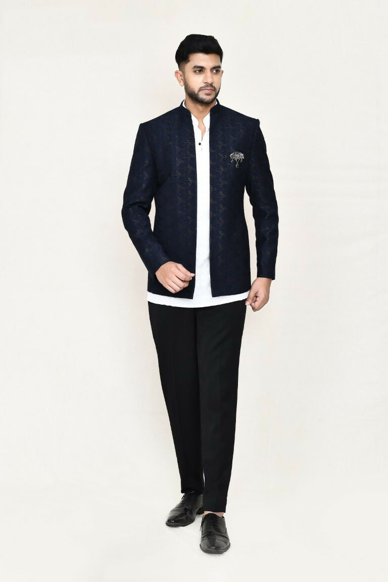Men's White Imported Jacquard Open Prince Coat and Kurta Set