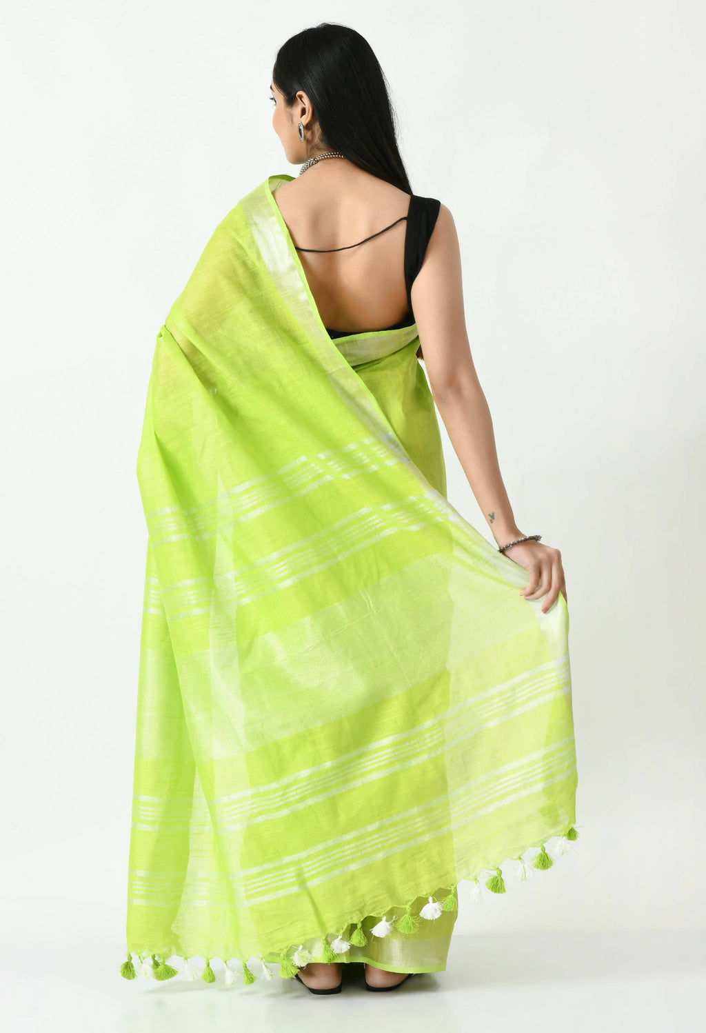 Parrot Green Bhagalpuri Handloom Silk Linen Saree with Silver Detail