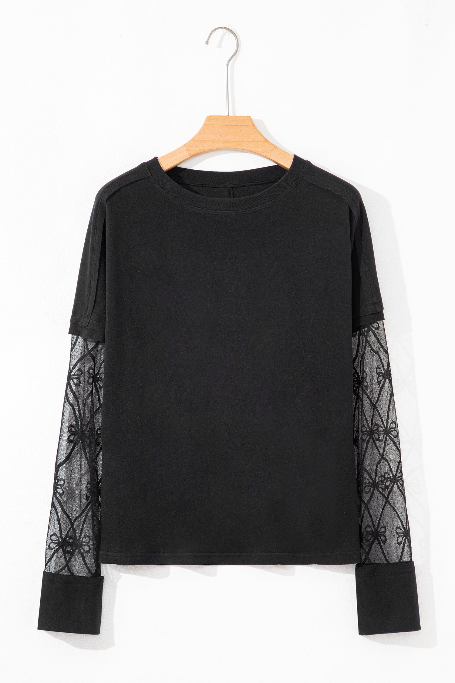 Women's Long Sleeve Tee with Sheer Patchwork & Bow Details