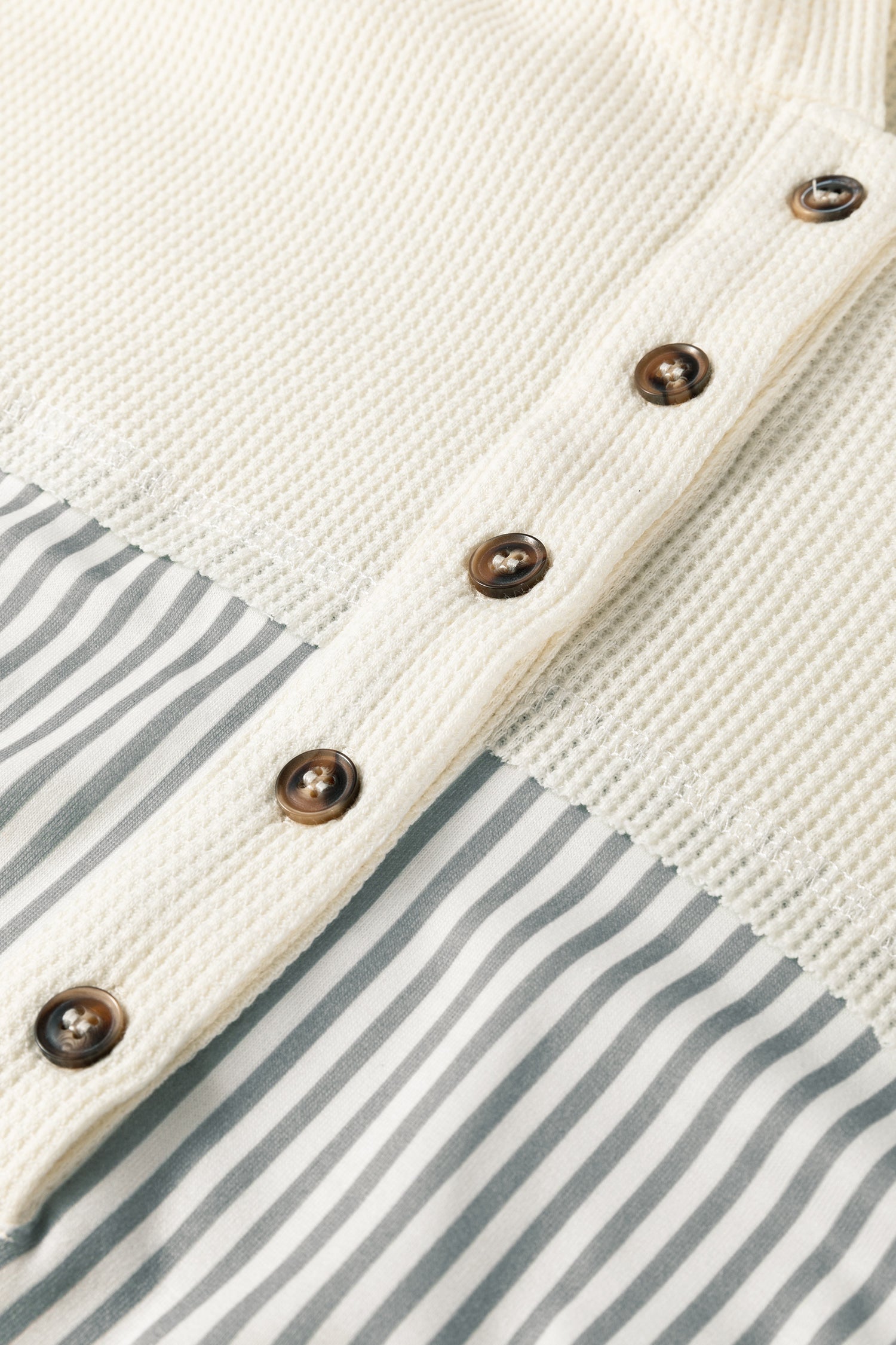 White Waffle Printed Patchwork Drawstring Hooded Long Sleeve Top