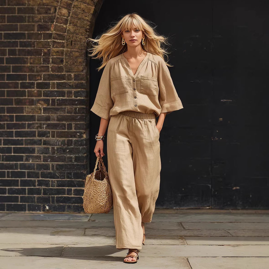 A woman wearing a beige linen button-up cardigan and matching wide-leg pants set, posing in front of a brick wall.