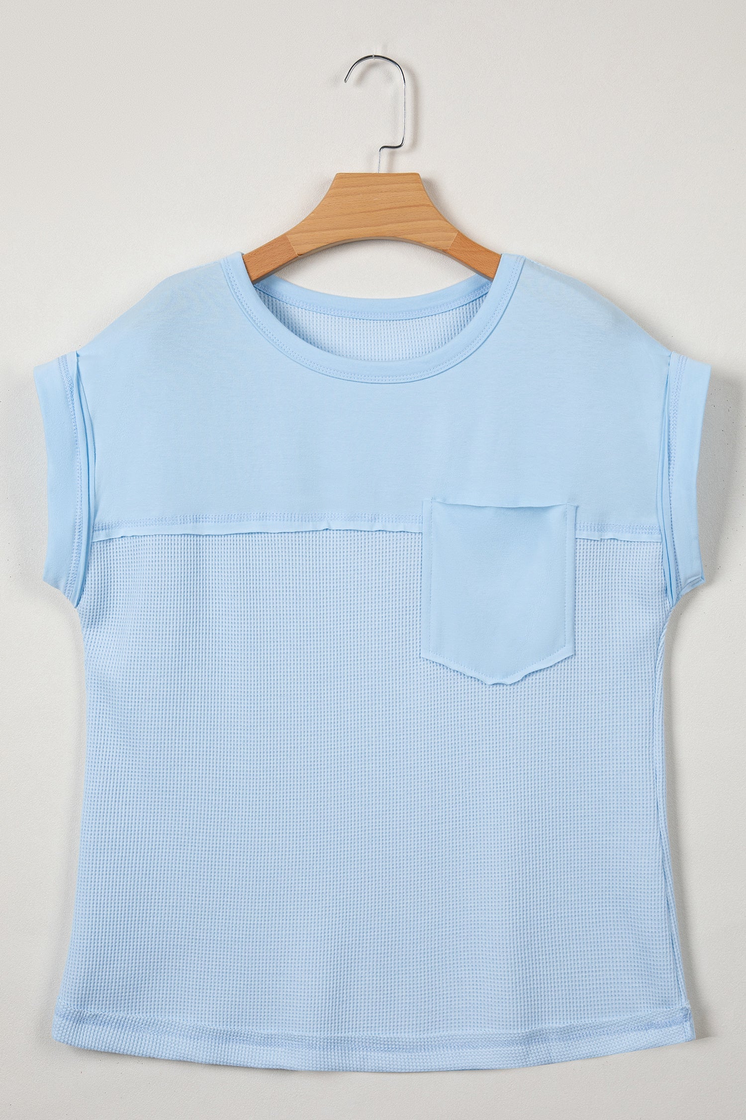 Waffle Patchwork Raw Seam Short Sleeve T-Shirt in Pink
