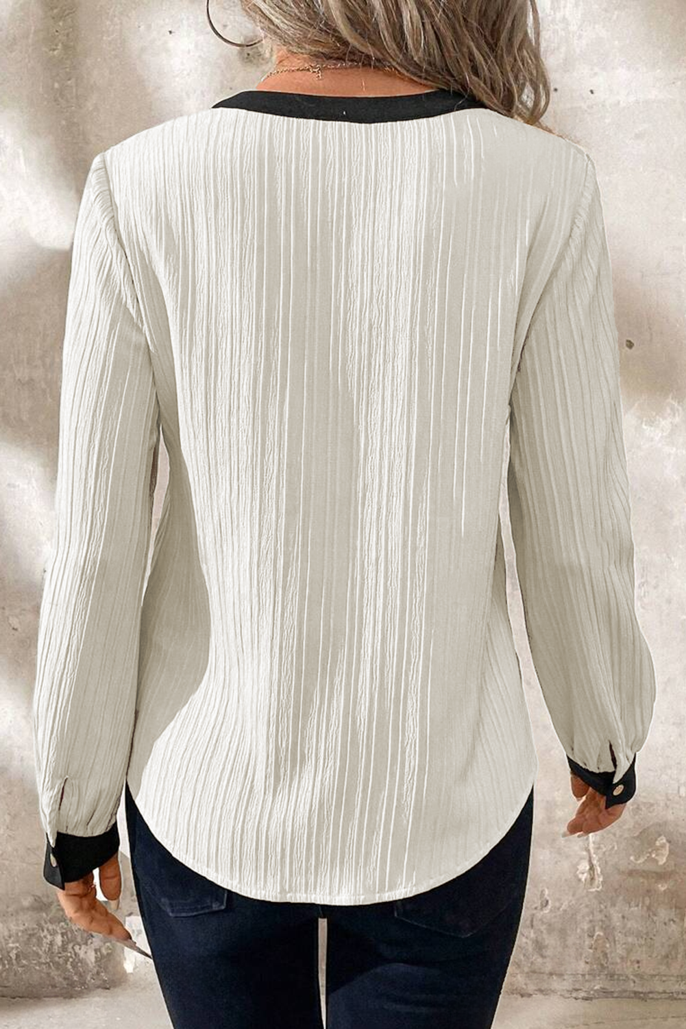 White Textured Colorblock V Neck Long Sleeve Elegant Blouse