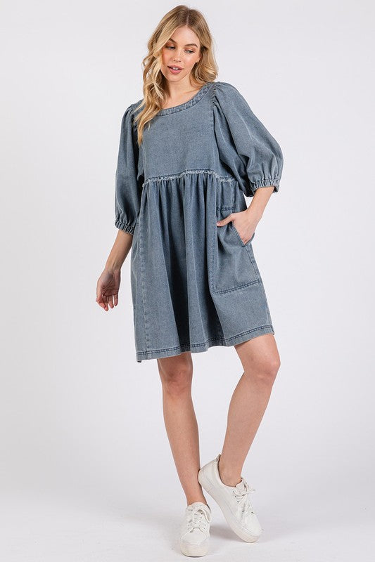 Washed Denim Dress with Puff Sleeves and Round Neck