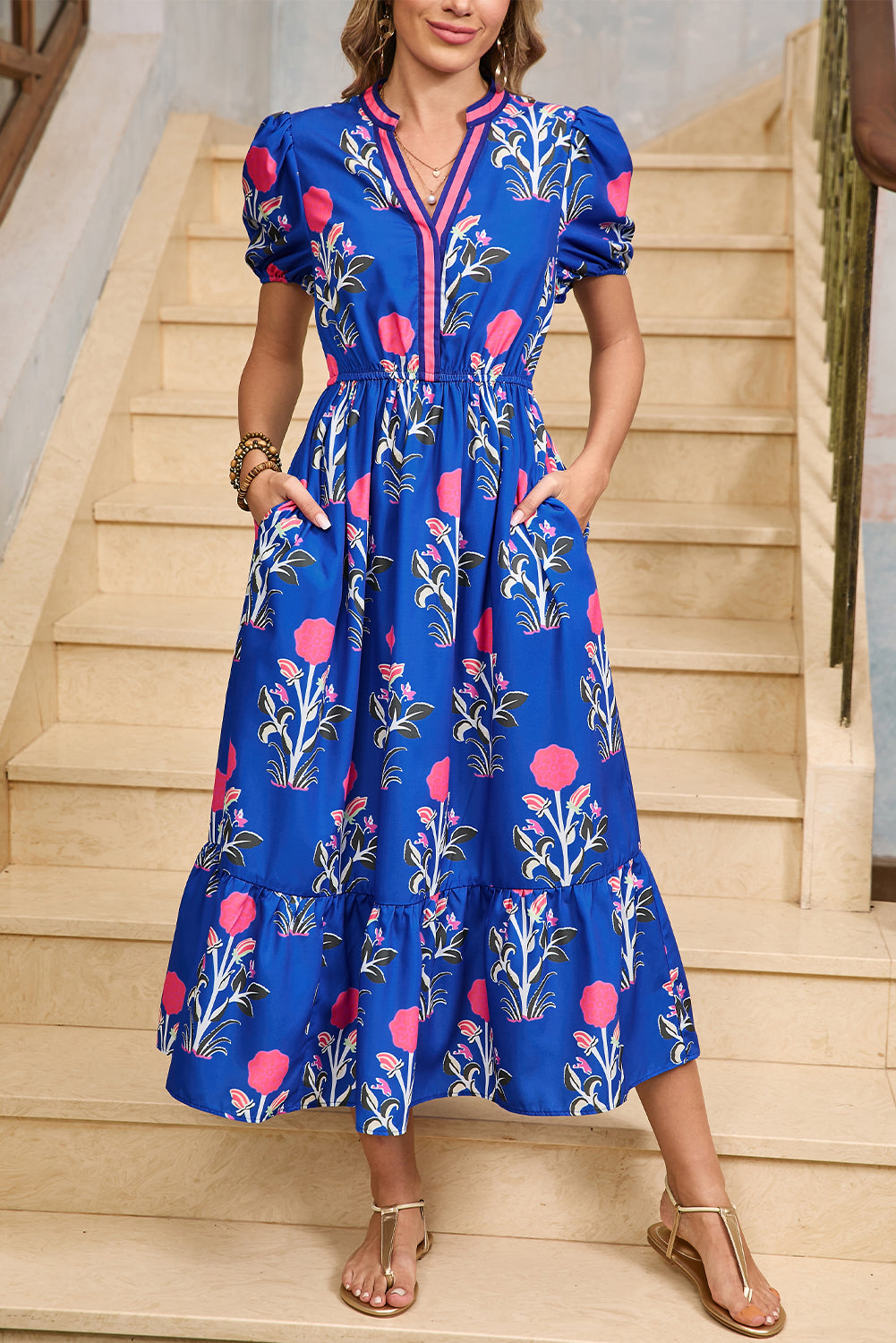 Sky Blue Floral Ruffle Hem V-Neck Midi Dress | Romantic A-Line