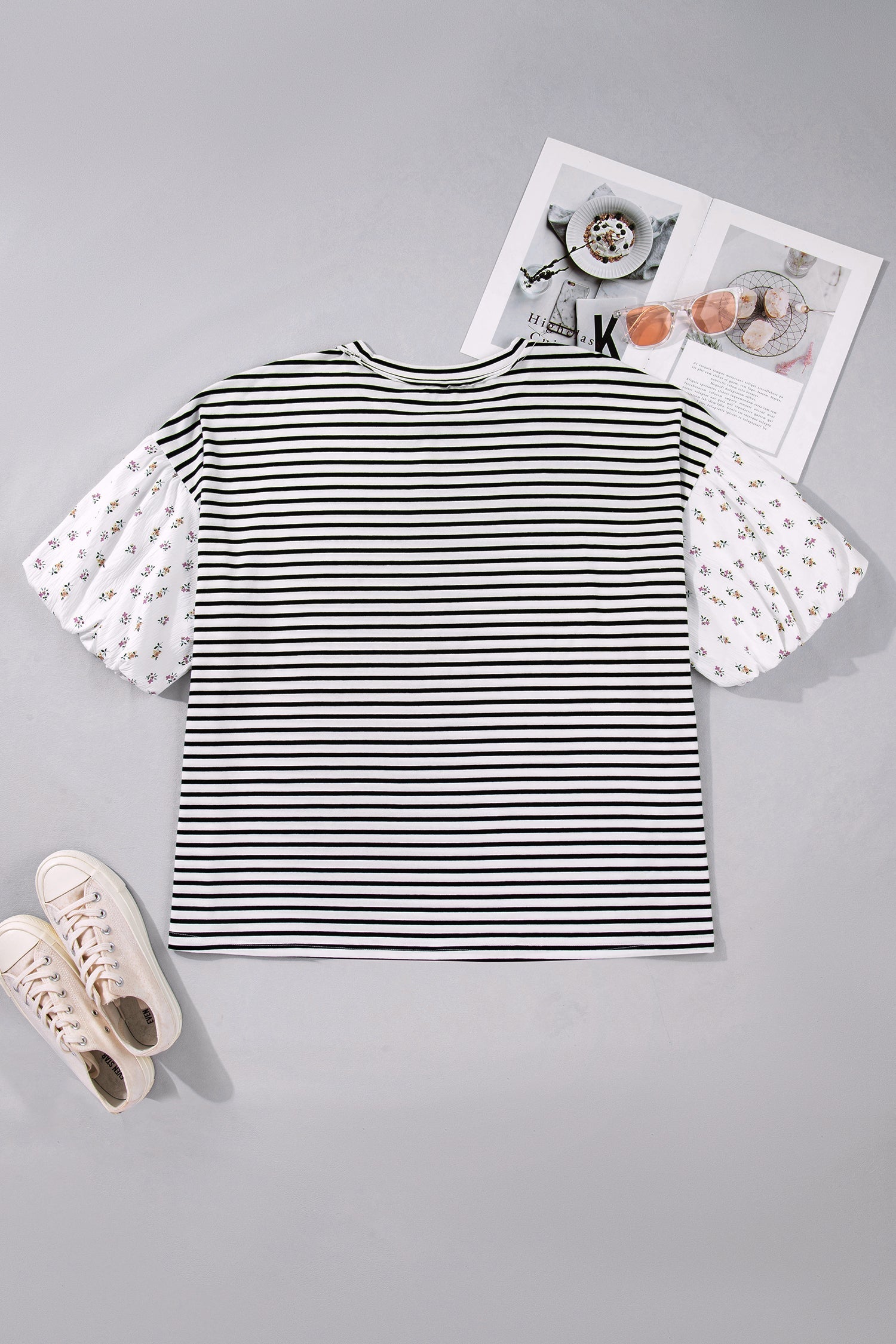 Striped Floral Patchwork Puff Sleeve Cotton Blend Crewneck Top - Image 4