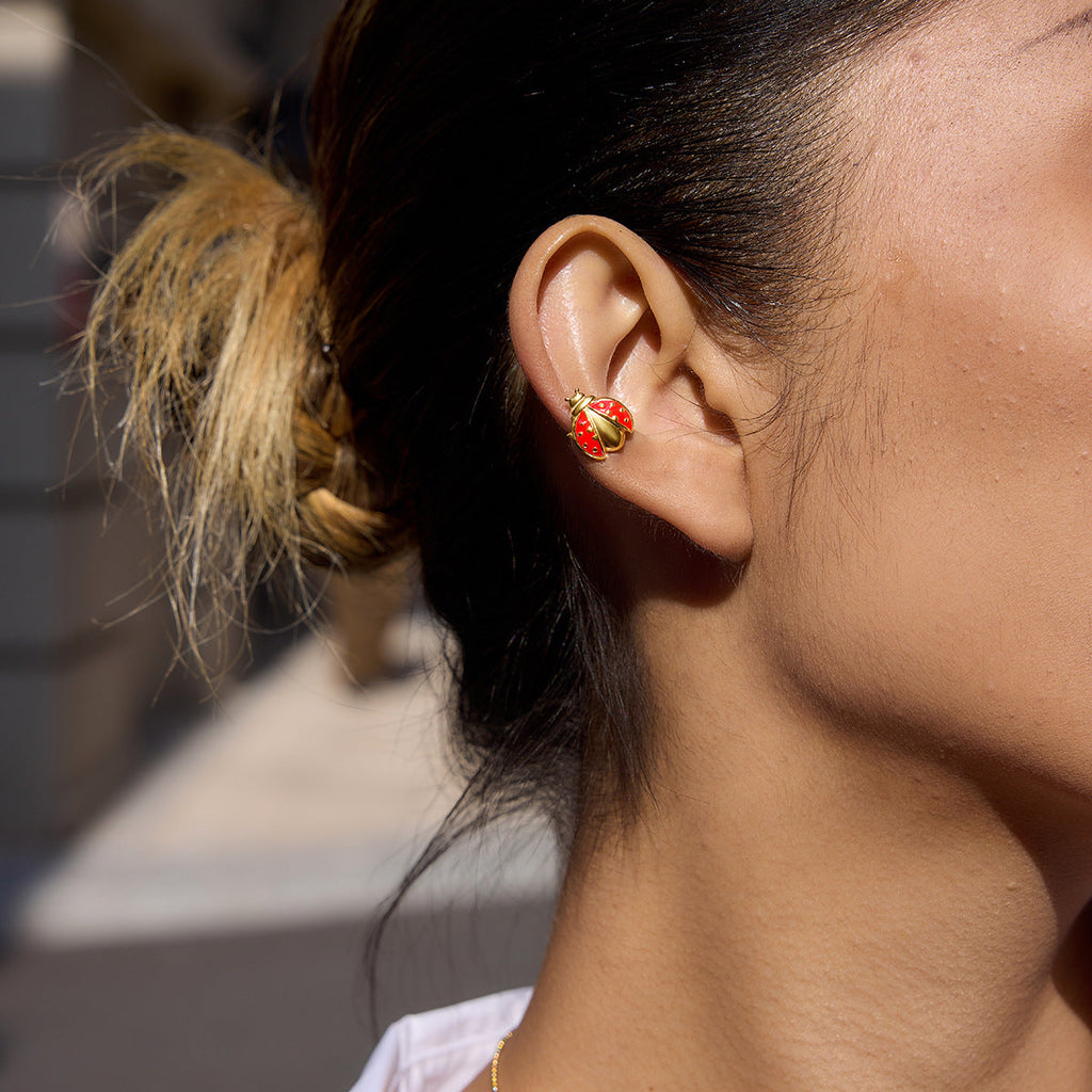 Gold Ladybug Ear Cuff with Pearl Stud in Waterproof Stainless Steel