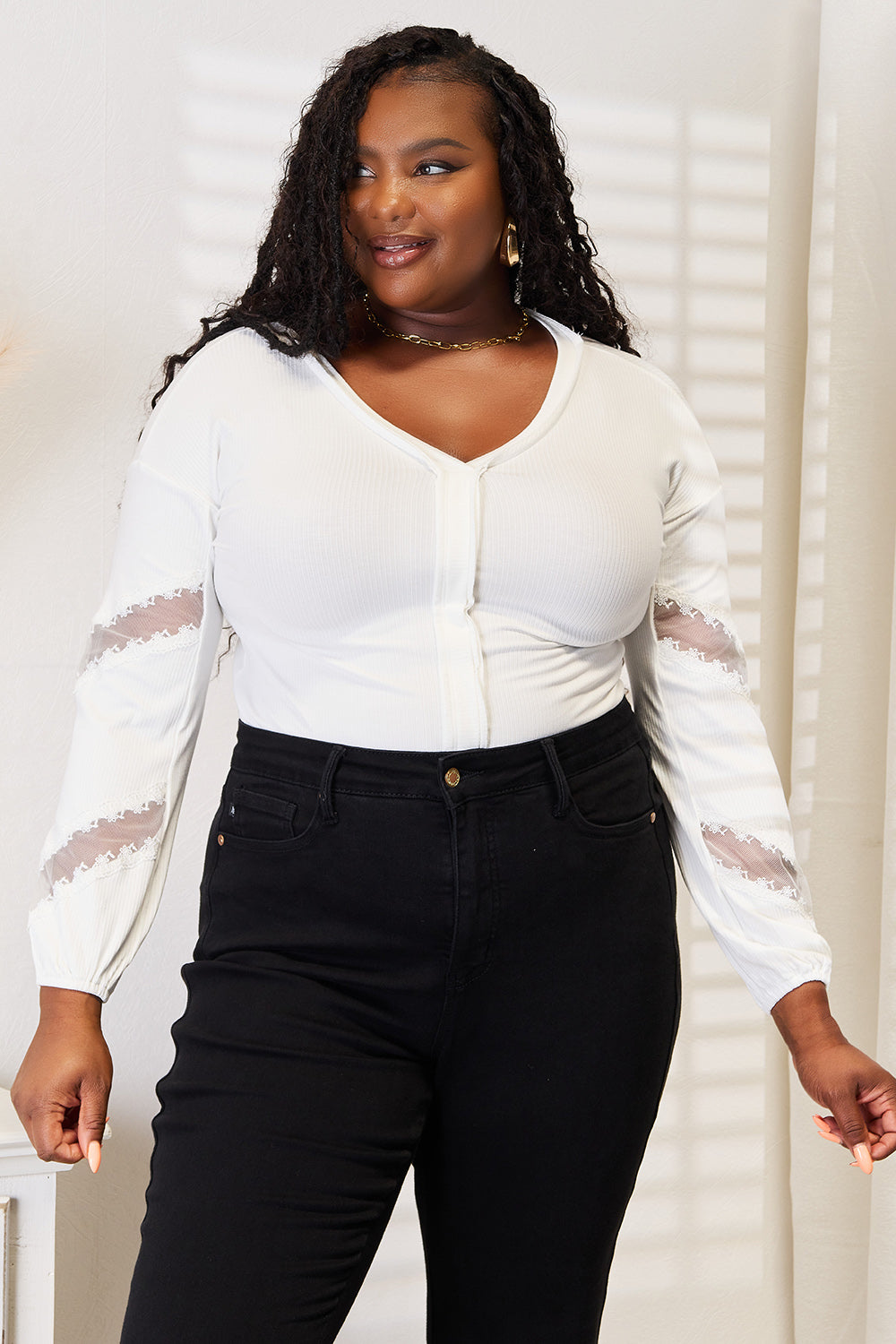 White V-Neck Dropped Shoulder Blouse with Lace Detail