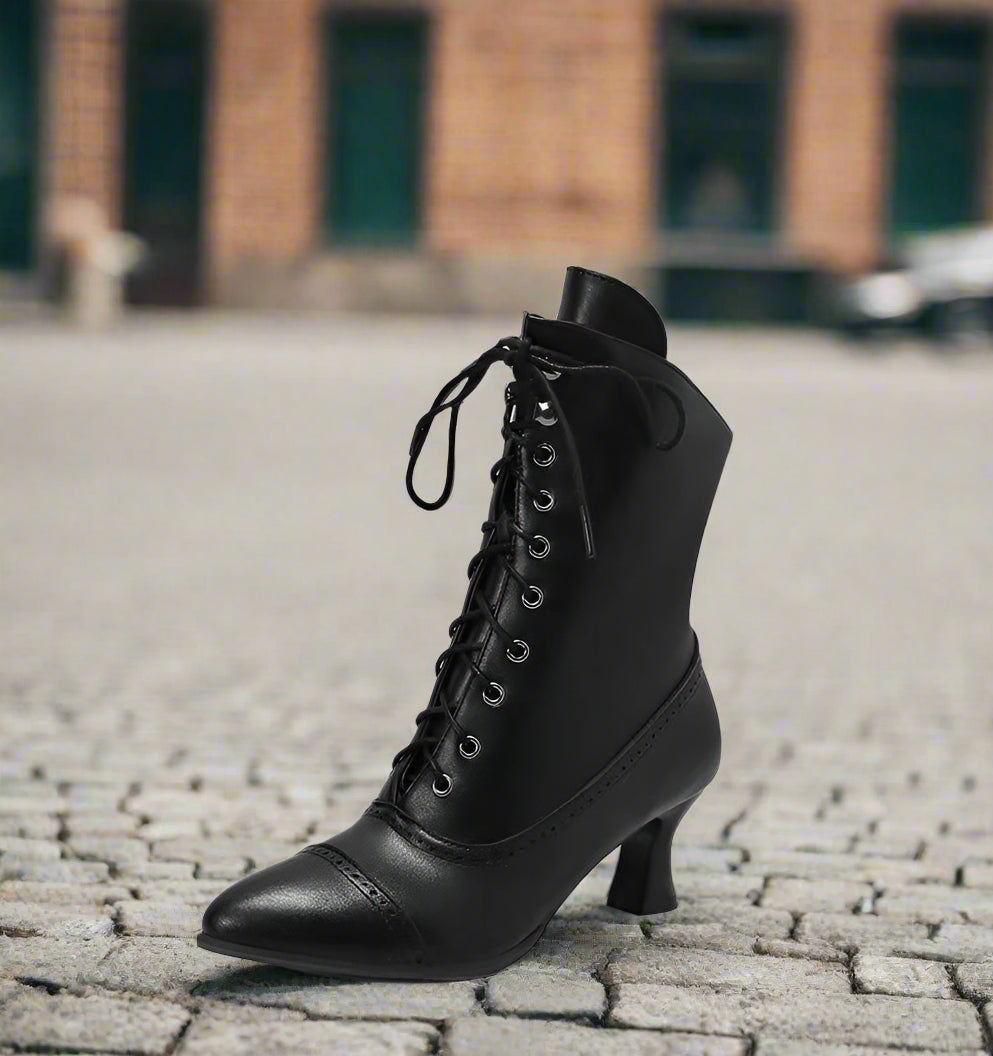Women’s Lace Up Mid Calf Boots with Wine Glass High Heel - Image 2