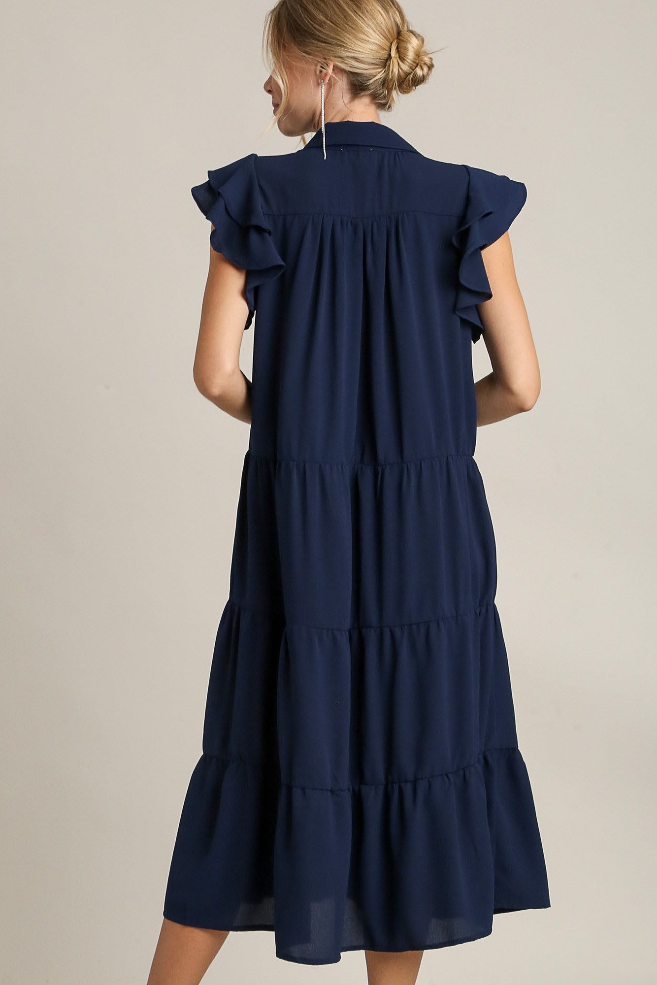 Classic Navy Ruffle Sleeve Tiered Dress with Collar