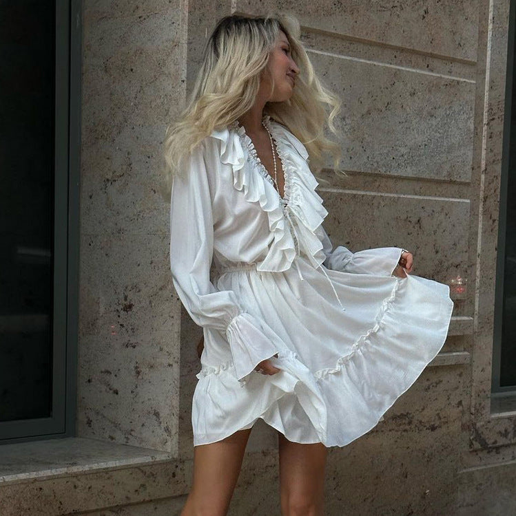 V-Neck Pleated Ruffle Dress Long Sleeve Flare Sleeve Short Dress