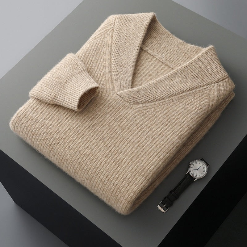 Men's V-Neck Knitted Pullover Sweater - Relaxed Fit Long Sleeve