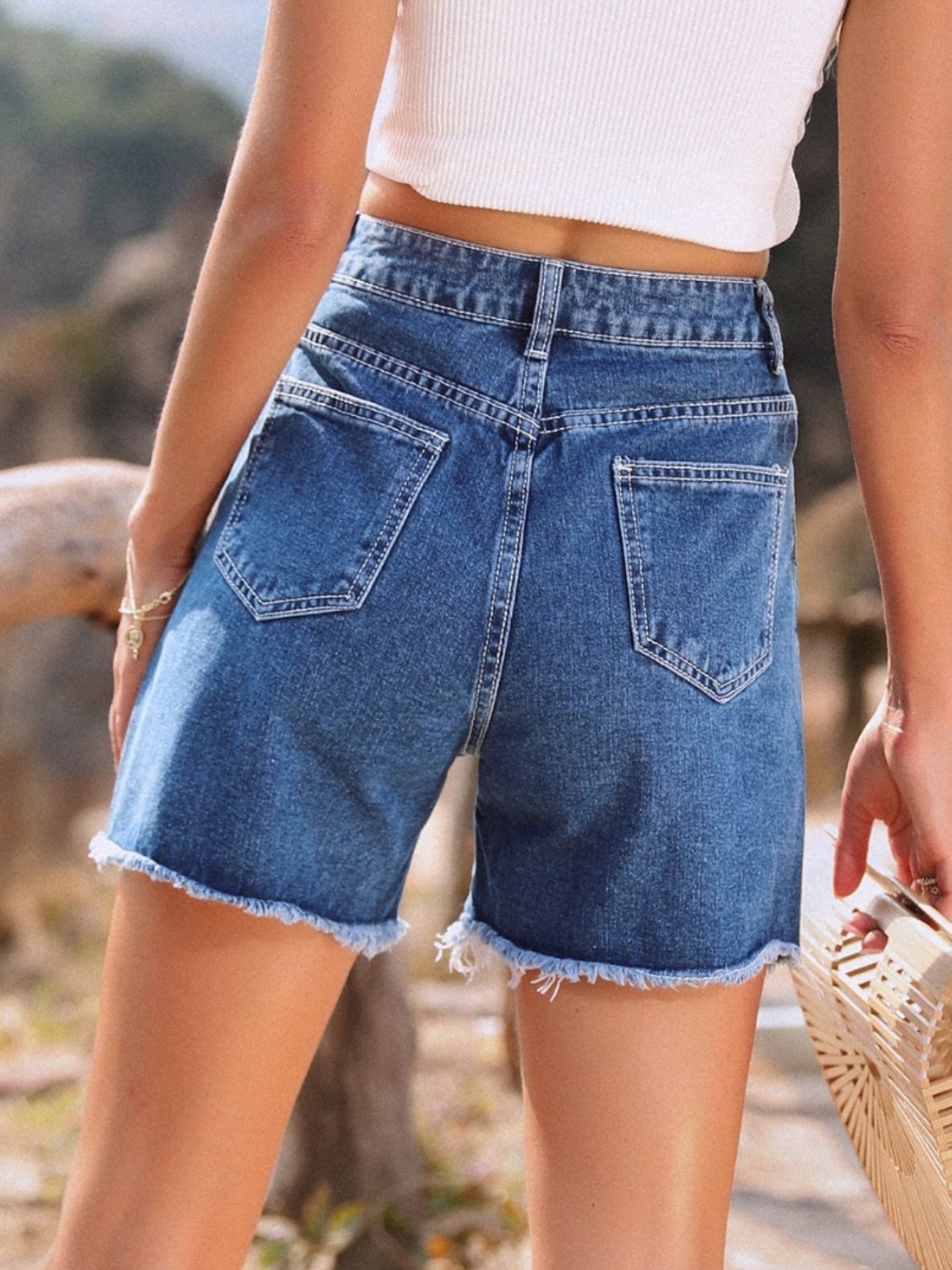 Women's High Waisted Raw Hem Denim Shorts in Washed Black - Image 5
