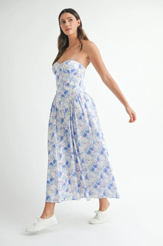 Sweetheart Neckline Floral Midi Dress in White and Blue