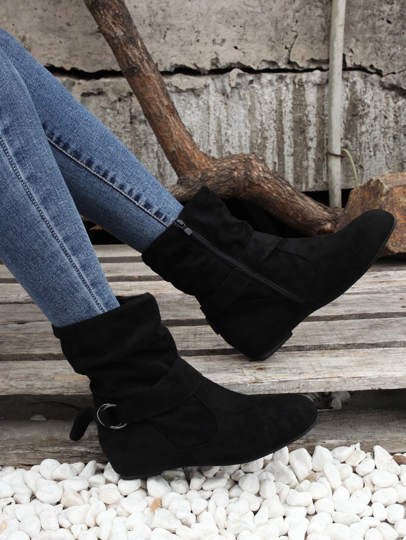 Women's Ankle Boots with Buckle Belt & Side Zip