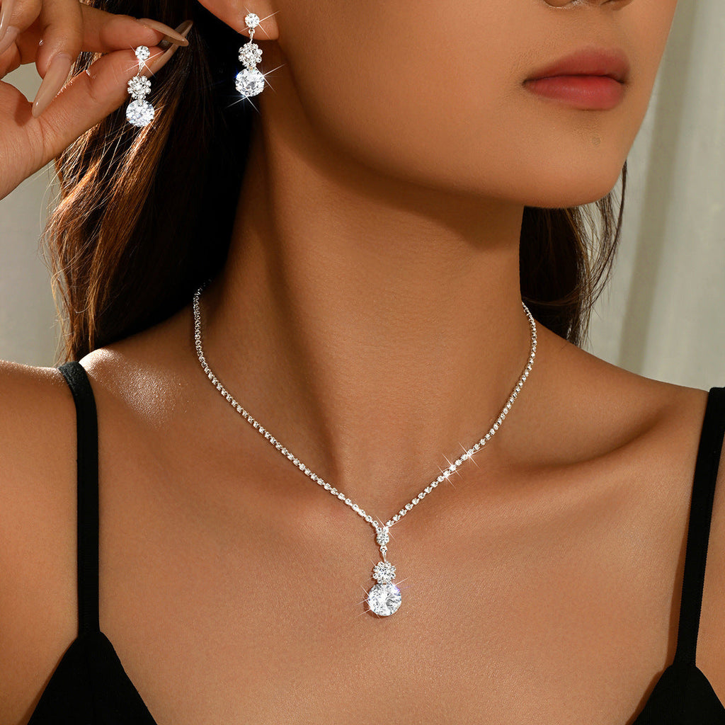 Women 2 Pcs Simple Round Cubic Zirconia Crystal Jewelry Set,Necklace And Earrings,Fashion Accessories For Daily Commute Party Occasion