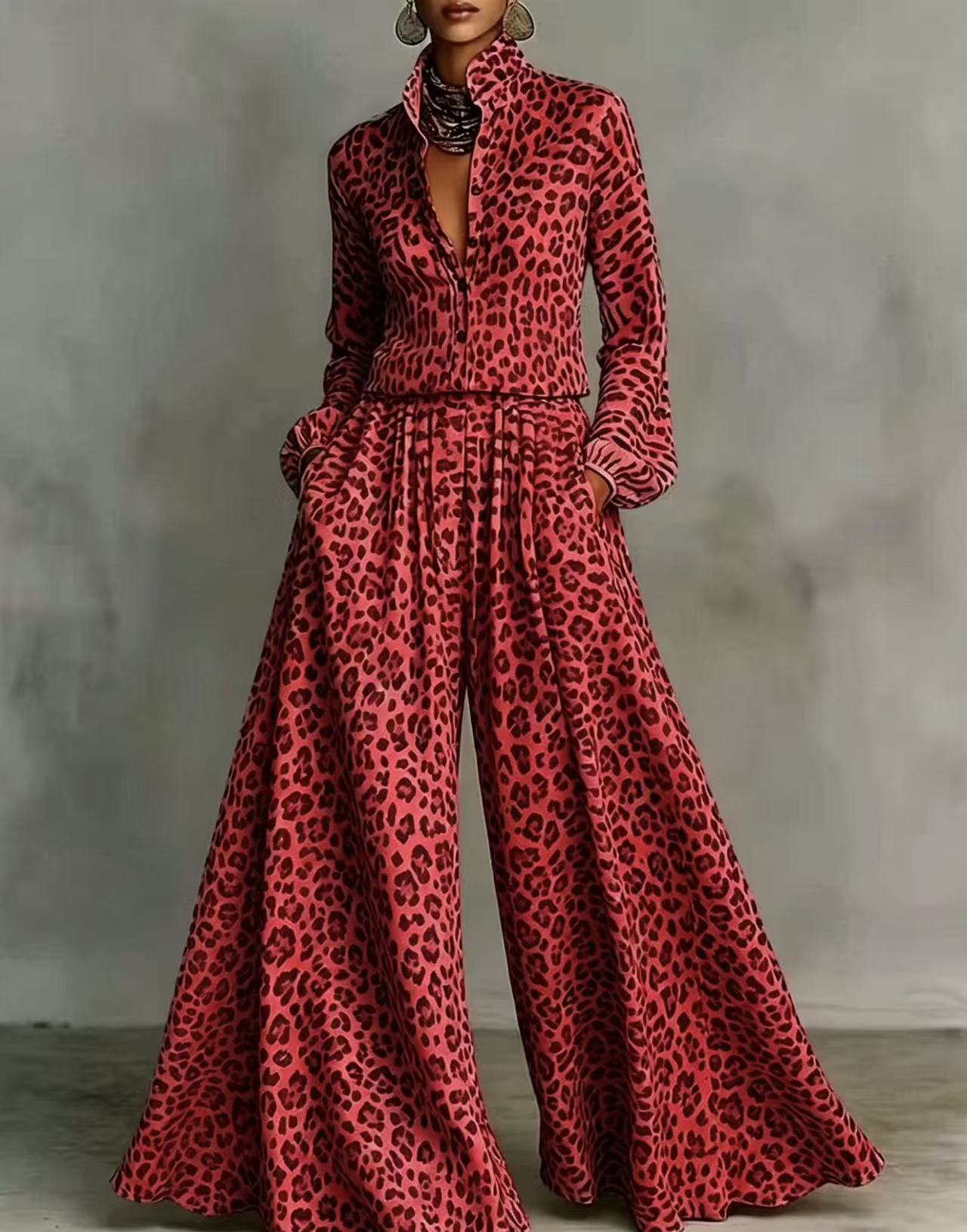 Leopard Print Wide-Leg Pants Set - Bohemian Casual Two-Piece