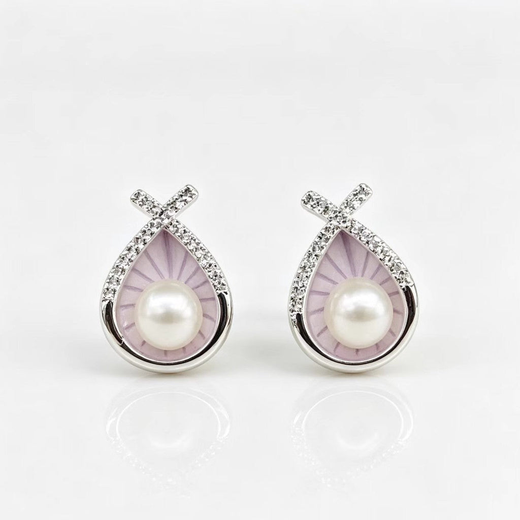 Full Cubic Zirconia Waterdrop Enamel Pearl Earrings