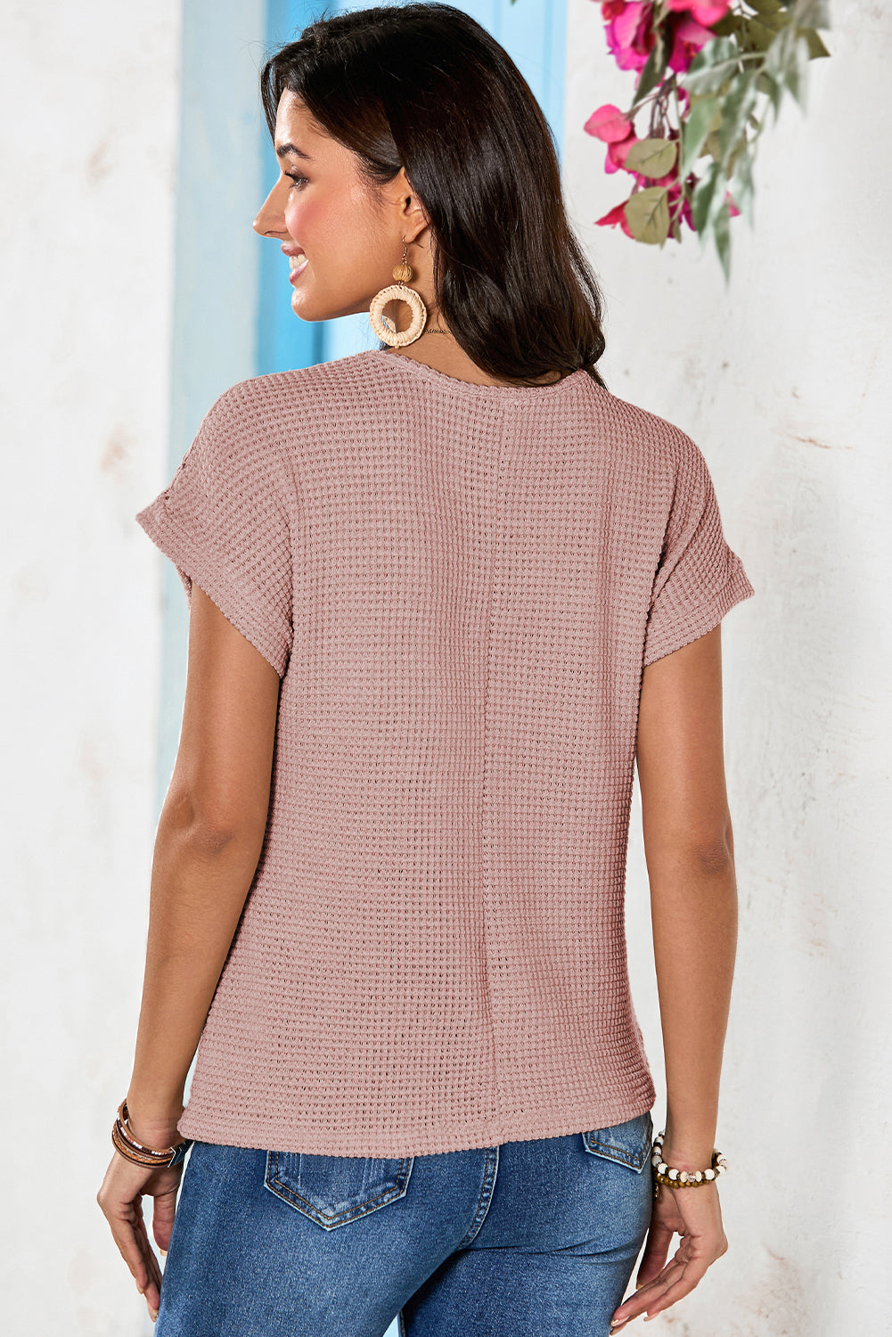 Oatmeal Hollow Patchwork Waffle Knit Top