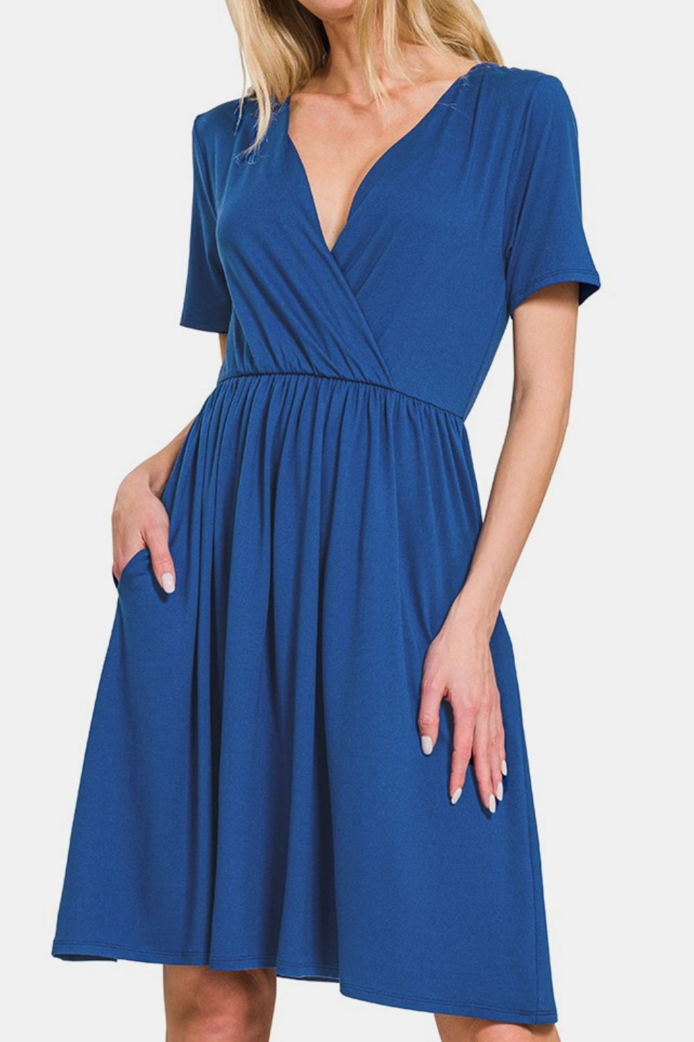 Surplice Short Sleeve Brushed DTY Midi Dress