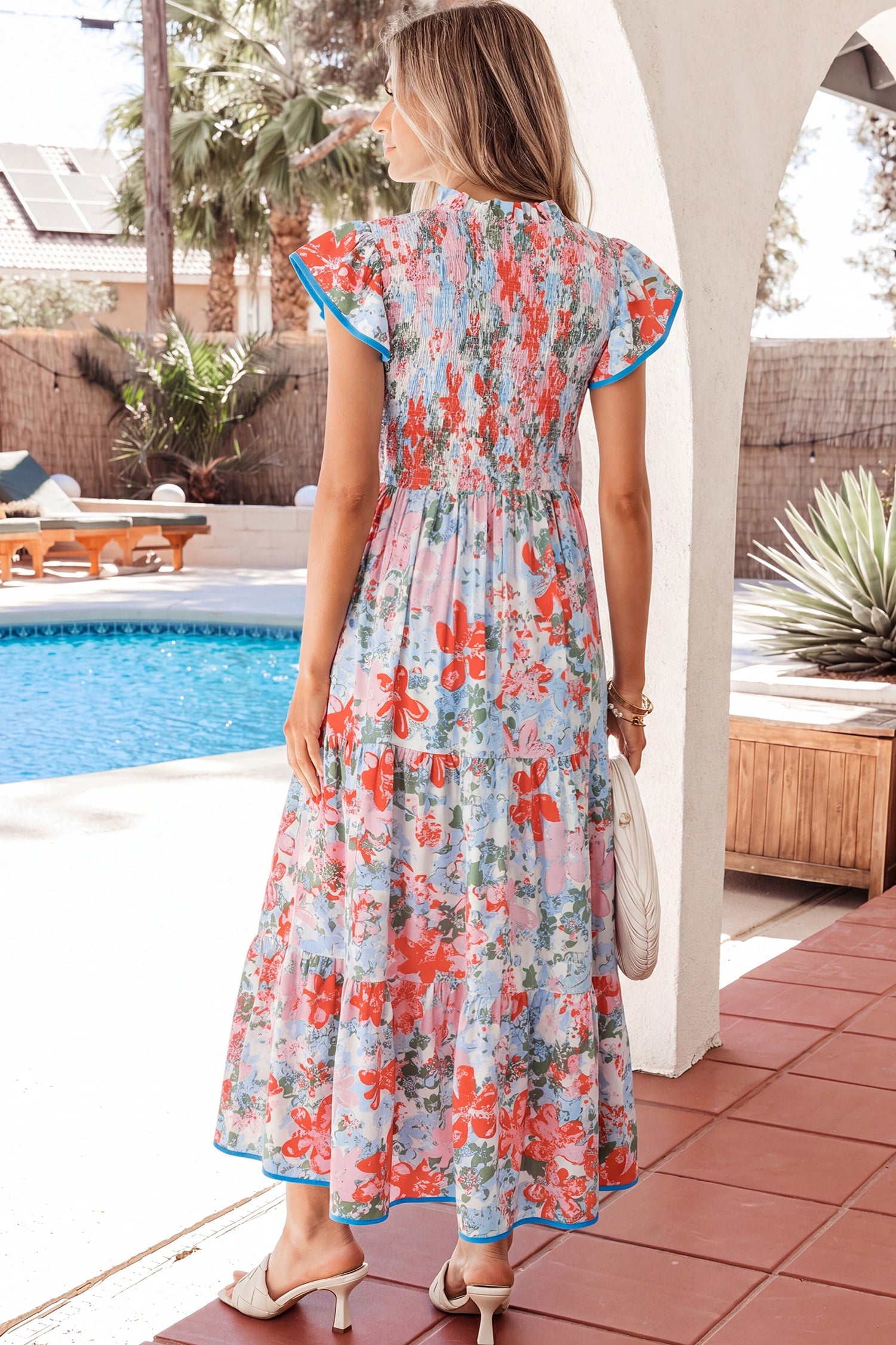Floral Flutter Sleeve Long Dress with V-Neck and Tiered Skirt