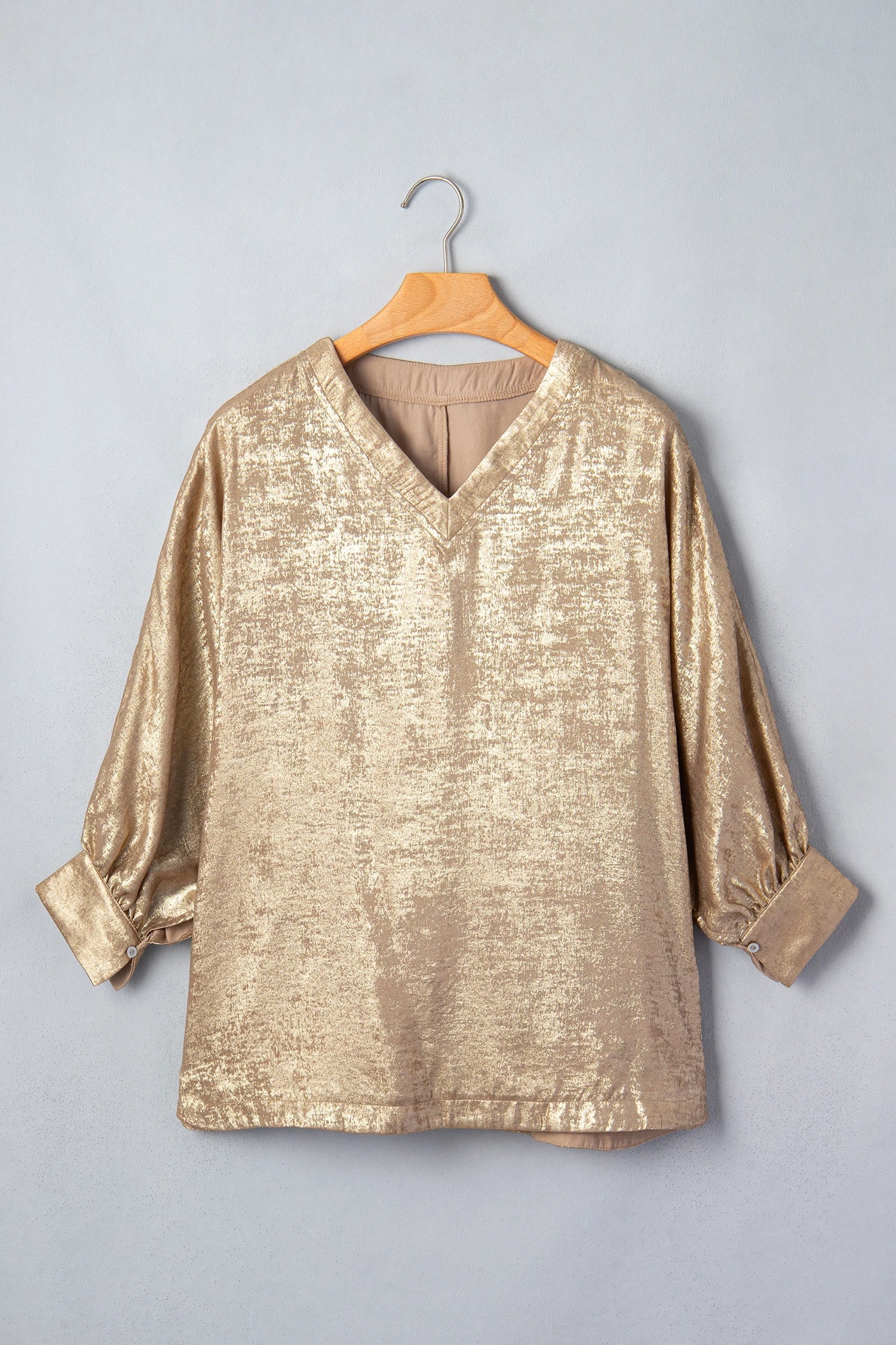 Metallic V-Neck Button Cuff Dolman Sleeve Blouse