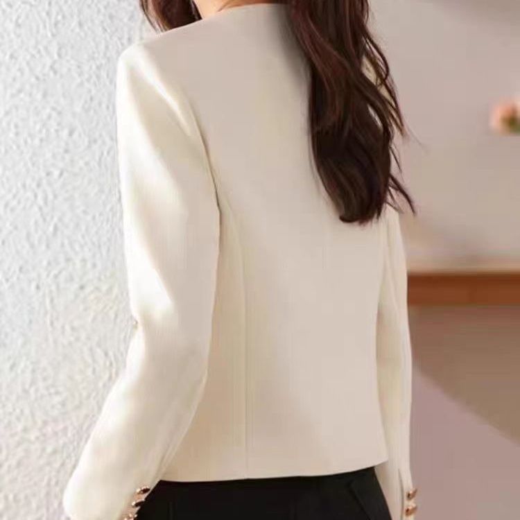 Women's Cream Cropped Crew Neck Jacket Lightweight Casual Blazer - Image 3