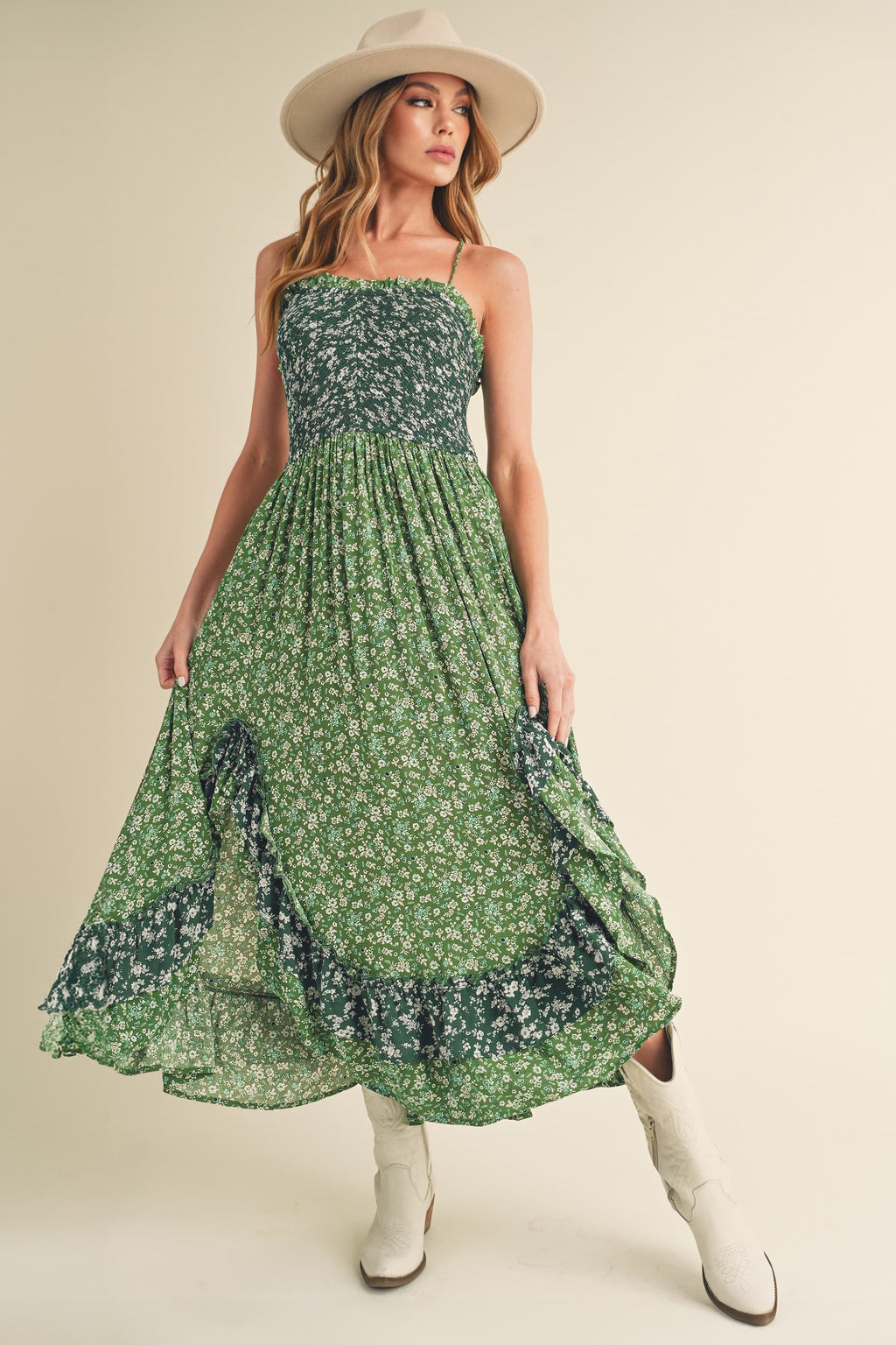 Ditsy Floral Ruffled Hem Maxi Cami Dress in Green & White