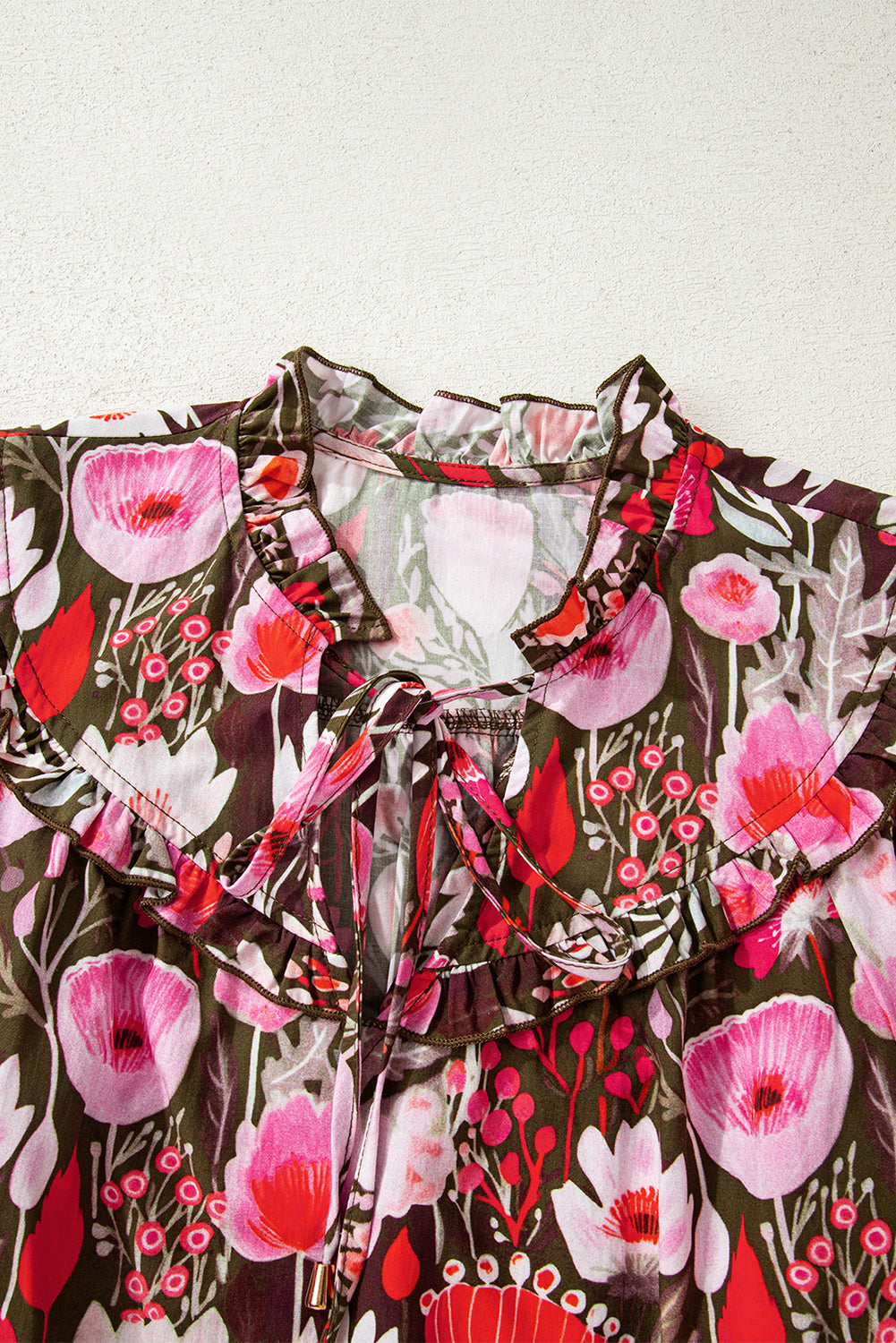Women's Floral 3/4 Sleeve Lace-Up Neck Blouse